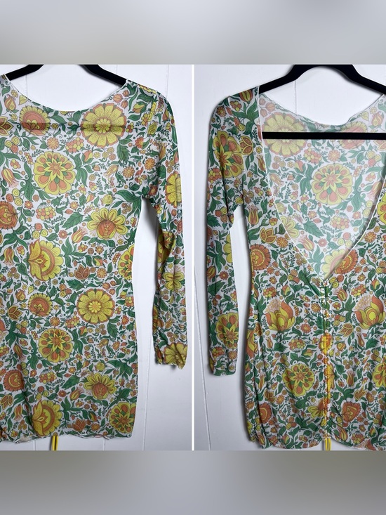Dresses & Skirts - Retro‎ Hippie Mesh Floral Long-Sleeve Mini Sheer Dress Deep V Back